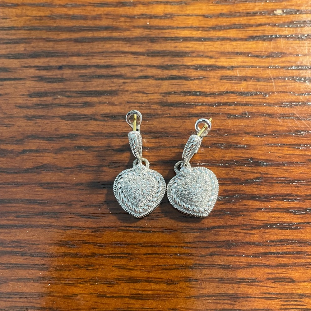 Judith Ripka Pave Diamond Heart Earrings~18K white gold and Sterling Silver